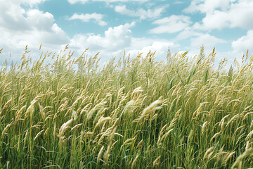 Obraz premium Golden wheat field under blue sky with clouds, rural landscape, agricultural farm, nature background, harvest season, summer countryside, scenic meadow, grain field, farming scenery