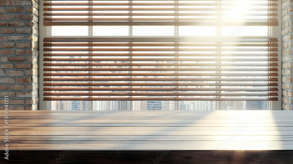 Poster close-up of a wooden table surface in an interior scene with a large window and horizontal blinds al