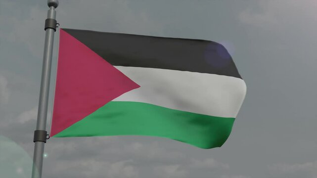 palestine country flag waving with pole in cloudy background