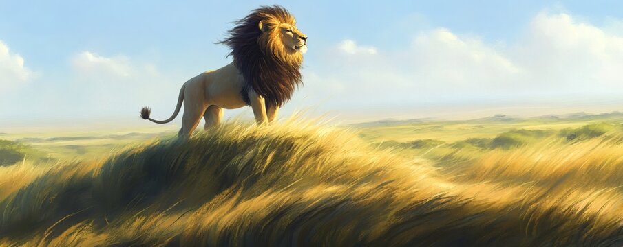 A majestic male lion standing proudly on a grassy hill