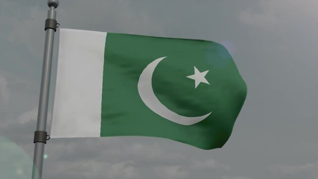 pakistan country flag waving with pole in cloudy background