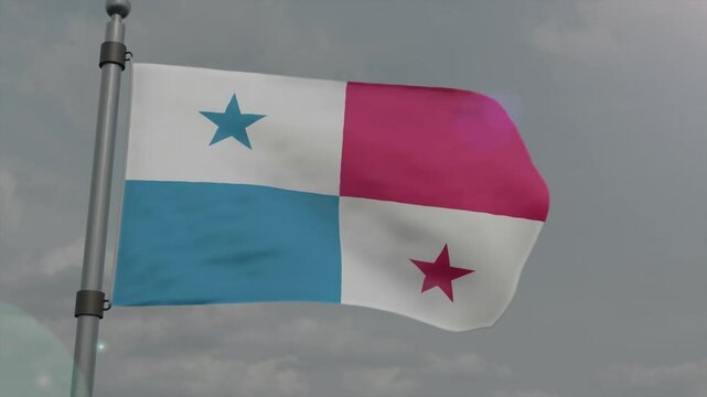 panama country flag waving with pole in cloudy background
