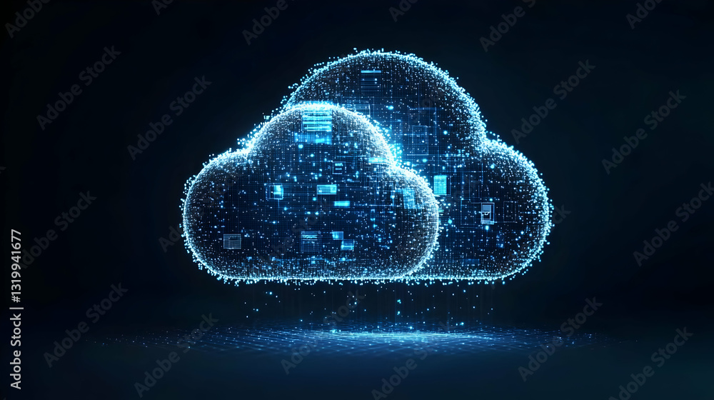 Aufkleber glowing blue cloud computing hologram data transfer on dark background big data analytics and future