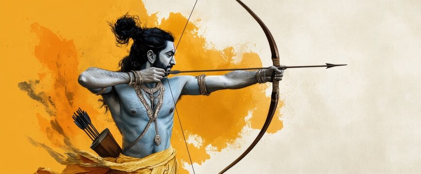Rama Navami Celebration: honoring Lord Ram with bow and arrow, commemorating his divine birth, symbolizing strength, virtue, and the triumph of good, a significant Hindu festival of faith devotion.
