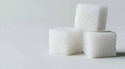 Three White Sparkling Sugar Cubes On A Bright White Background With Copy Space