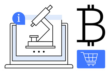 Laptop displaying microscope, representing research. Bitcoin symbol and shopping cart highlight blockchain, e-commerce links. Ideal for technology, research, crypto, innovation, e-learning