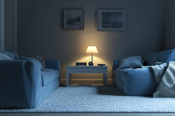 Cozy living room at night, soft light, relaxing atmosphere