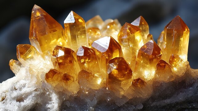 Golden Citrine Crystals Radiating Light, Precious Gemstone Cluster on Matrix, Mineral Specimen in Detailed Close-Up