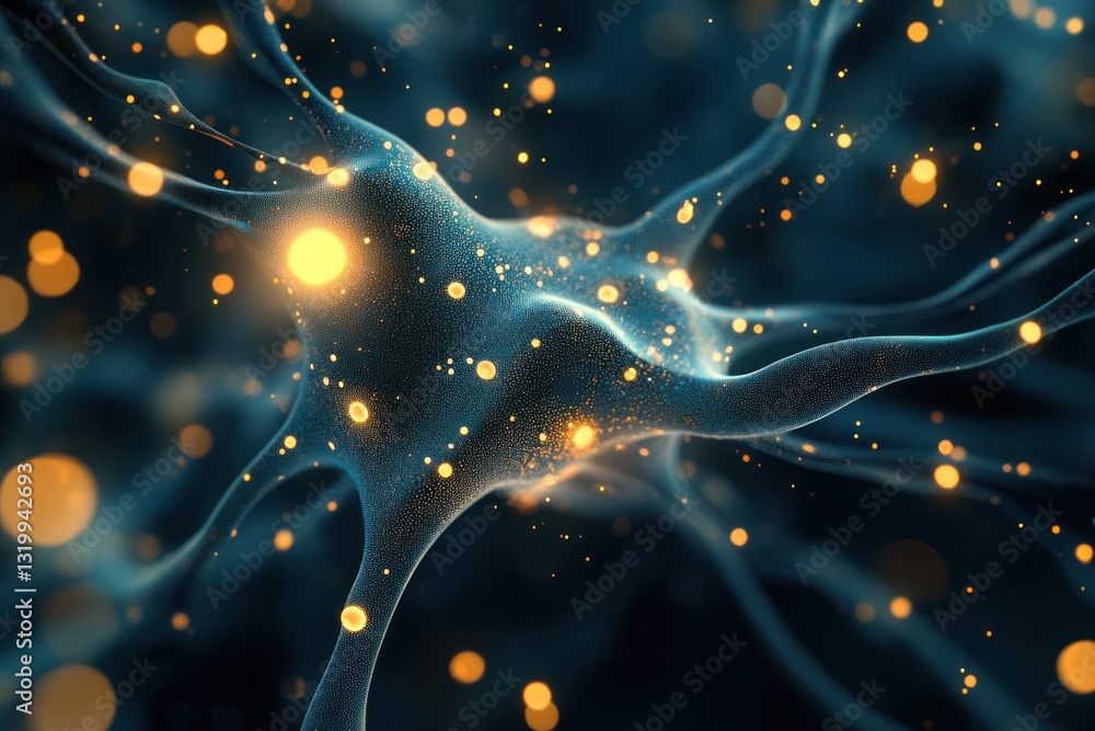 Poster close-up of a neuron with glowing connections and particles