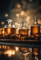 Aromatic olive oil bottles with wooden labels and glass containers on a rustic stone table , table, bottle,  table, bottle