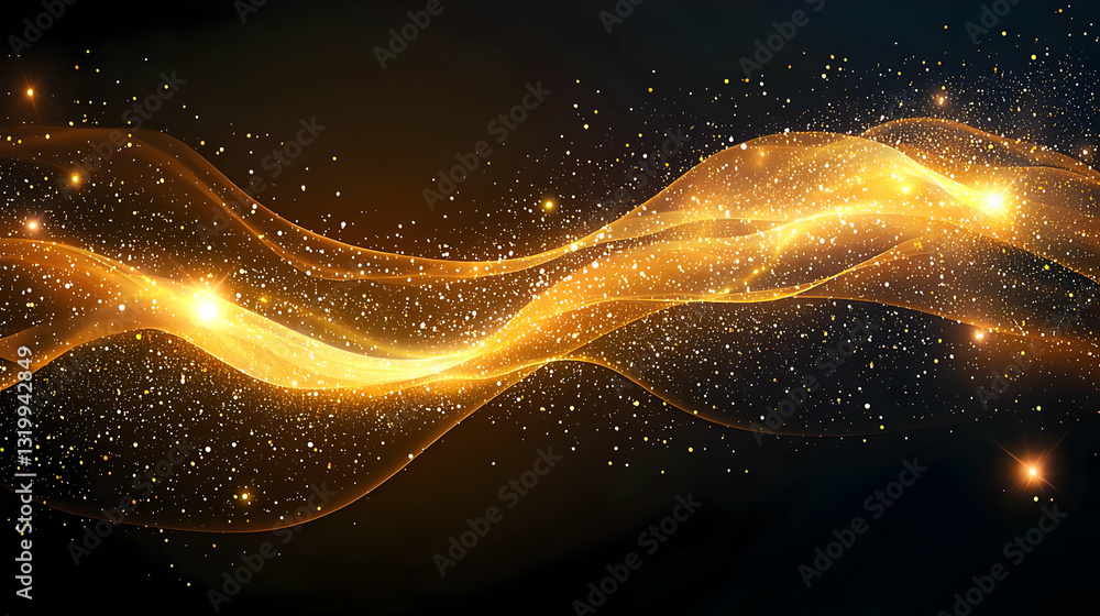Poster abstract golden wave with glittering particles on a dark background representing energy and motion