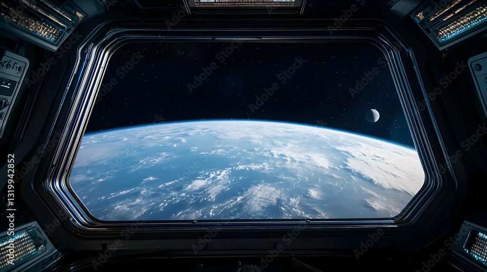 Poster view of earth and crescent moon from spaceship window in orbit with dark blue space and illuminated 