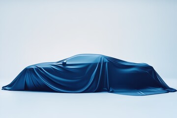 Presentation of new car covered with blue sheet in modern studio environment