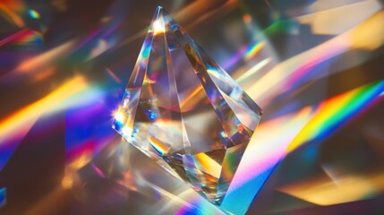 Iridescent light passes through a clear crystal pyramid, creating refracted rays of rainbow hues on a colorful background.