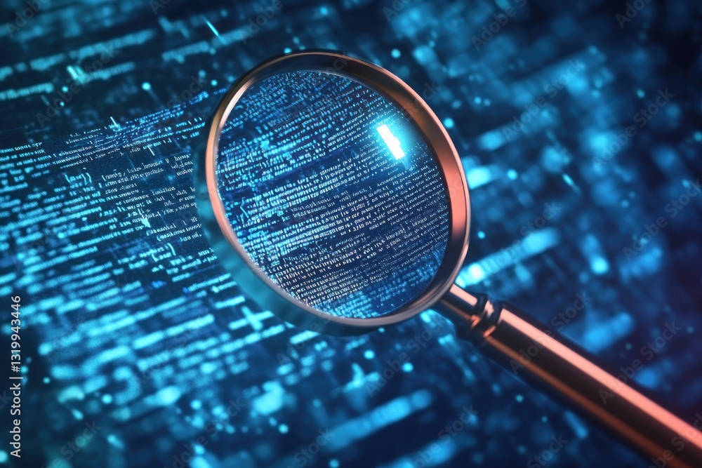 Poster a close-up view of a magnifying glass focusing on digital data streams, symbolizing analysis and tec