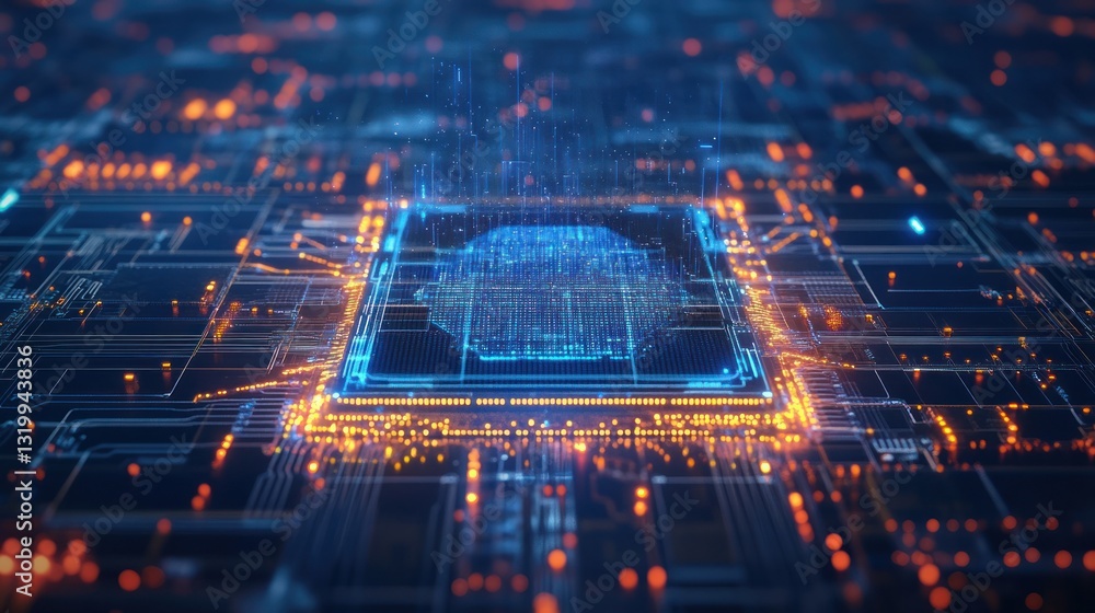 Poster a close-up view of a futuristic microchip surrounded by glowing circuits and data streams, showcasin
