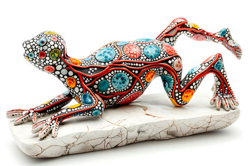 Obraz premium Colorful decorative lizard sculpture with intricate patterns, artistic handmade reptile figurine, vibrant folk art, unique cultural craftsmanship, ceramic animal statue, and abstract design