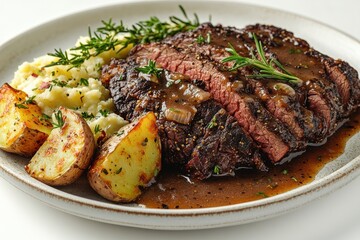 Delicious roast beef served with creamy mashed potatoes and roasted potatoes