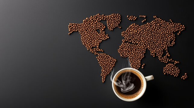 Top-down view of a coffee bean world map with a steaming cup of coffee placed nearby, global coffee connection concept