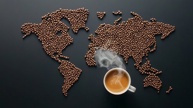 Top-down view of a coffee bean world map with a steaming cup of coffee placed nearby, global coffee connection concept