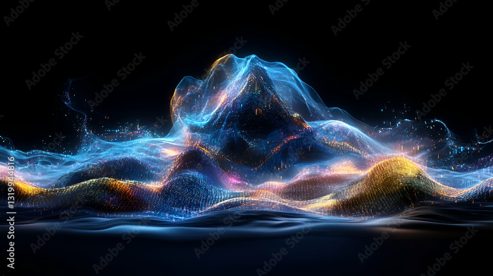 Poster abstract luminescent waves of light in a futuristic landscape visualization