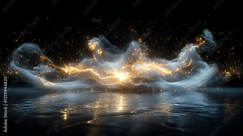 Poster abstract light glow and reflection on water creating an ethereal atmosphere in a dark environment