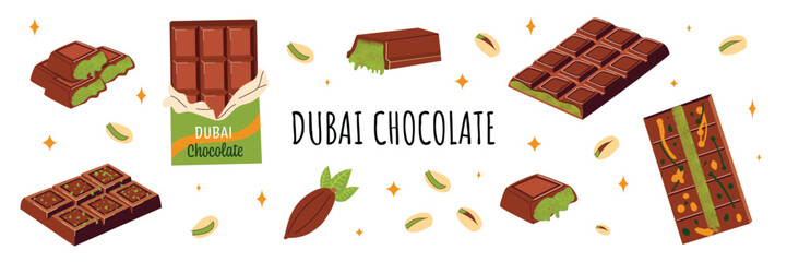 Dubai chocolate vector collection. Chocolate bar set with pistachio filling and kataifi dough. Unwrapped chocolate, cut pieces, sweets, cocoa pod. Flat vector illustration on white isolated background