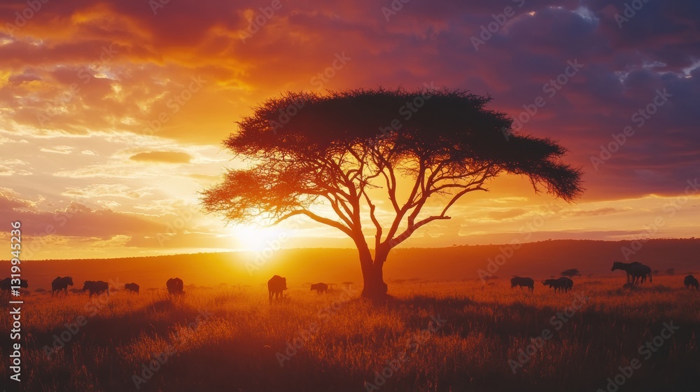 Poster silhouettes of animals grazing under a vibrant sunset sky with acacia trees in the savannah creating