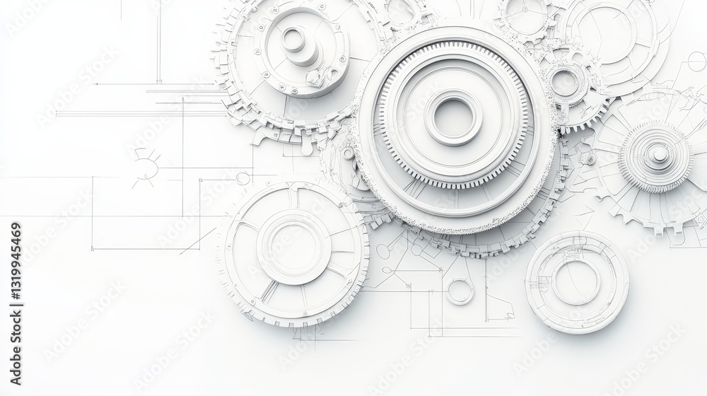 Poster white gears and mechanical components on light background, showcasing intricate designs and engineer