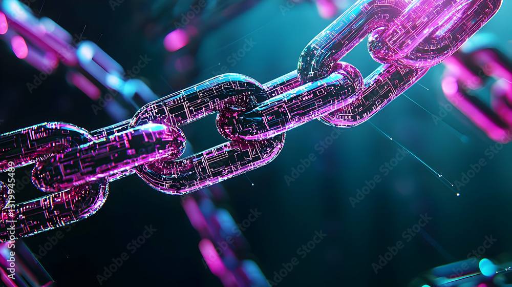 Poster 3d rendered digital chain glowing pink and purple particles against a dark blue background in abstra