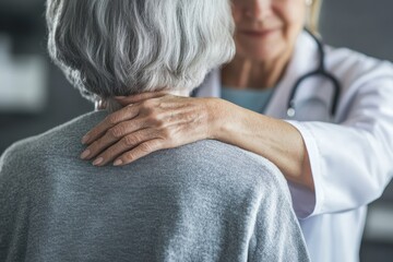 Doctor comforts elderly woman in a medical setting with a warm gesture