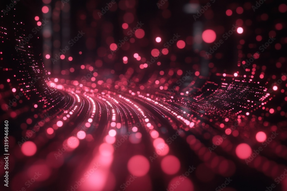 Poster abstract red light trails with glowing dots creating depth