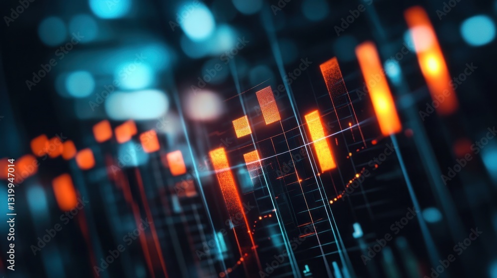 Poster abstract financial data visualization with glowing charts and graphs