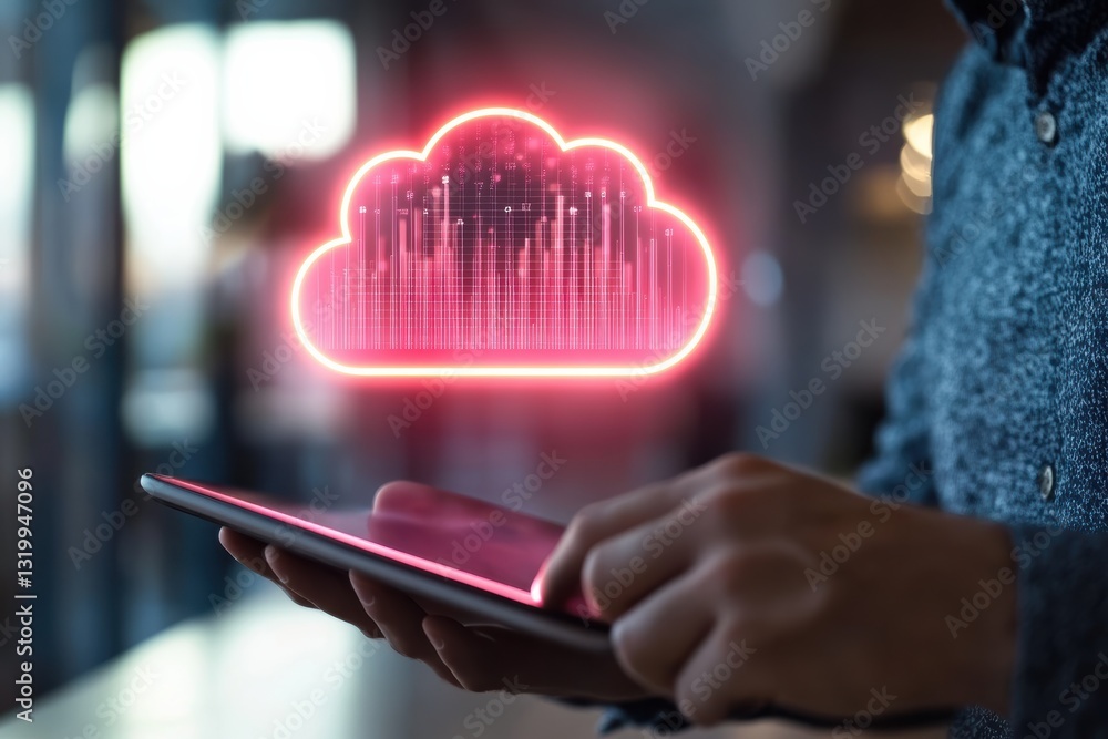 Wall mural hands engaged in digital cloud technology on a tablet showing data visualization