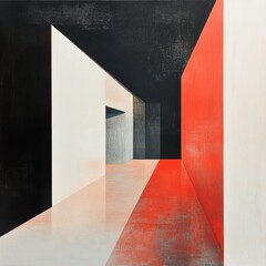 Abstract Geometric Interior: Red, White, and Black Architecture