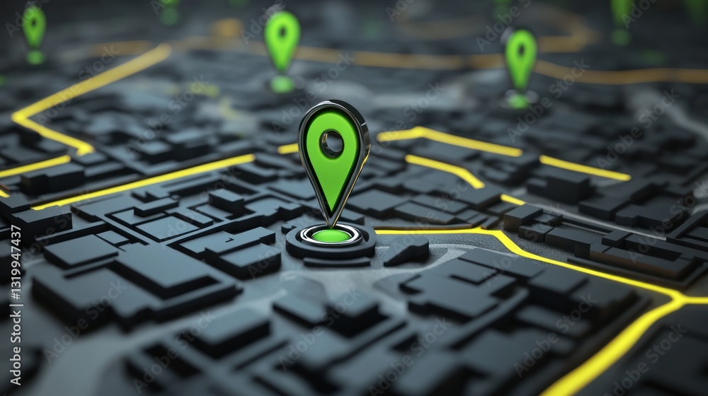Poster a detailed 3d rendering of a modern city map with green location pins highlighting points of interes