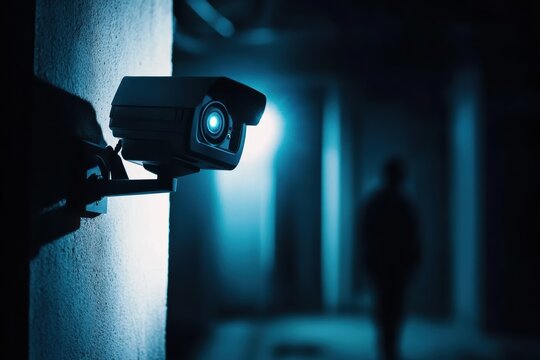 CCTV surveillance camera monitoring a dark corridor with a solitary figure in the background