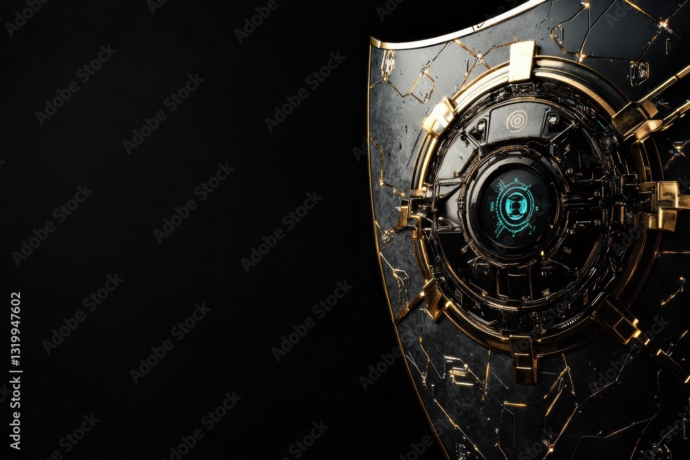Poster shield featuring cybernetic patterns and a robotic eye, symbolizing the role of ai in cybersecurity 