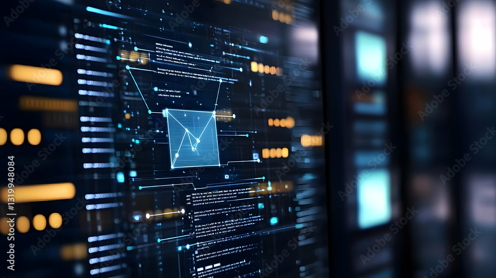 Poster dark blue server room with futuristic glowing lines of code and data processing on digital screens i