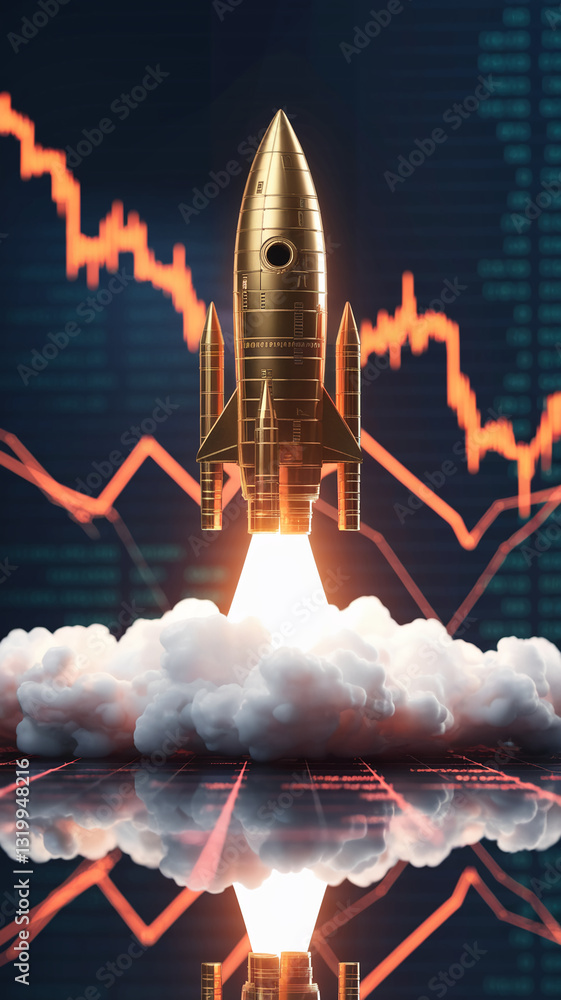Poster golden rocket launching through clouds against a backdrop of a downward trending graph, symbolizing 