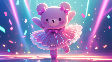 Cute animated bear in a pink tutu performing on stage with colorful confetti and lights