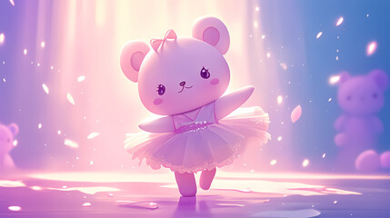 Cute pink bear in a tutu performing ballet on a shimmering stage with soft pastel lighting