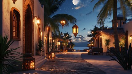 Serene evening scene with lanterns, palms, and a moonlit beach pathway.