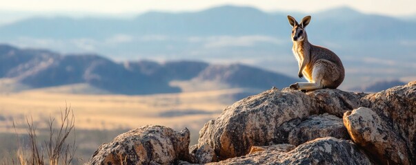 A wallaby sits atop rocks overlooking a vast landscape horizon