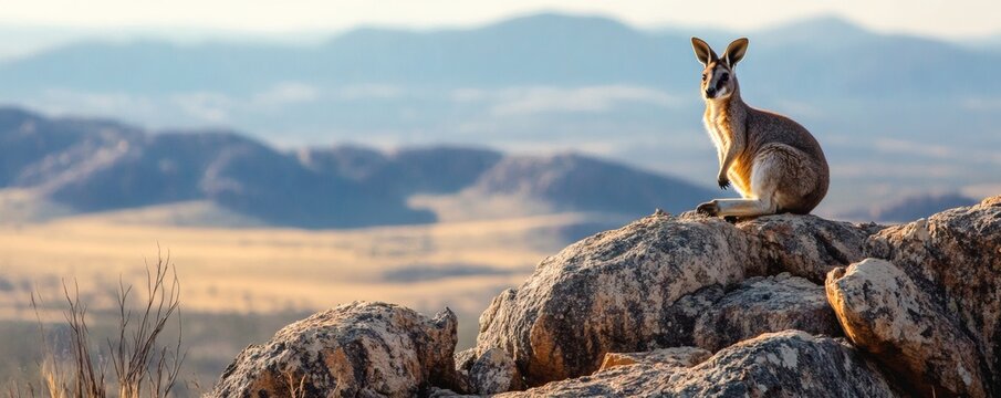 A wallaby sits atop rocks overlooking a vast landscape horizon