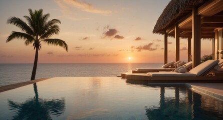 Fototapeta premium Sunset tranquility: Infinity pool, palm tree, and ocean vista combine for an ultimate relaxation experience.