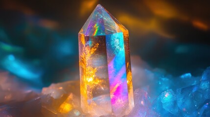 Iridescent light refracts through a clear quartz crystal point resting on a bed of sparkling blue and white crystals.