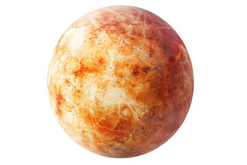 Realistic textured planet with fiery orange and brown surface, isolated on white background, detailed celestial body resembling Mars or Venus, space exploration concept, cosmic sphere, and sci-fi illu