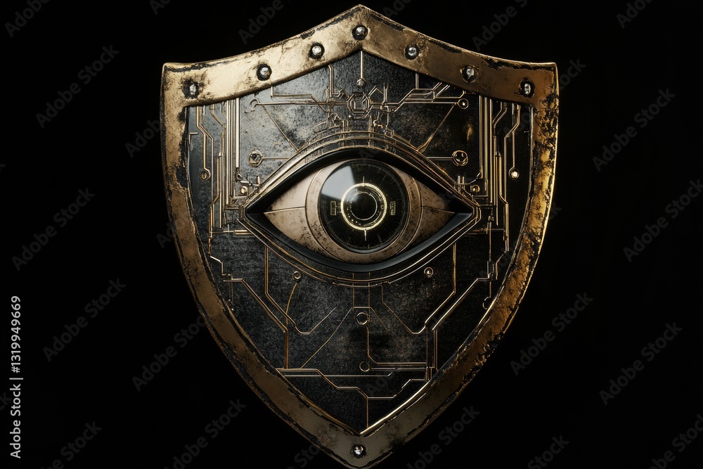 Poster Innovative shield design featuring cybernetic patterns and a robotic eye symbolizing AIs role in the future of cybersecurity