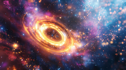 Obraz premium Celestial glow a luminous ring of vibrant energy encircles a radiant star, surrounded by a cascade of sparkling particles. Luminous Cascade. Illustration